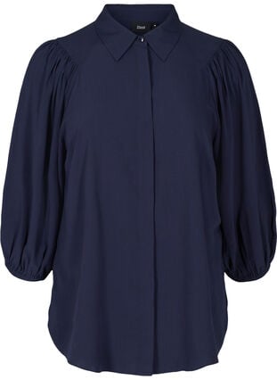 Viskose skjorte med 3/4 pufærmer, Navy Blazer, Packshot image number 0