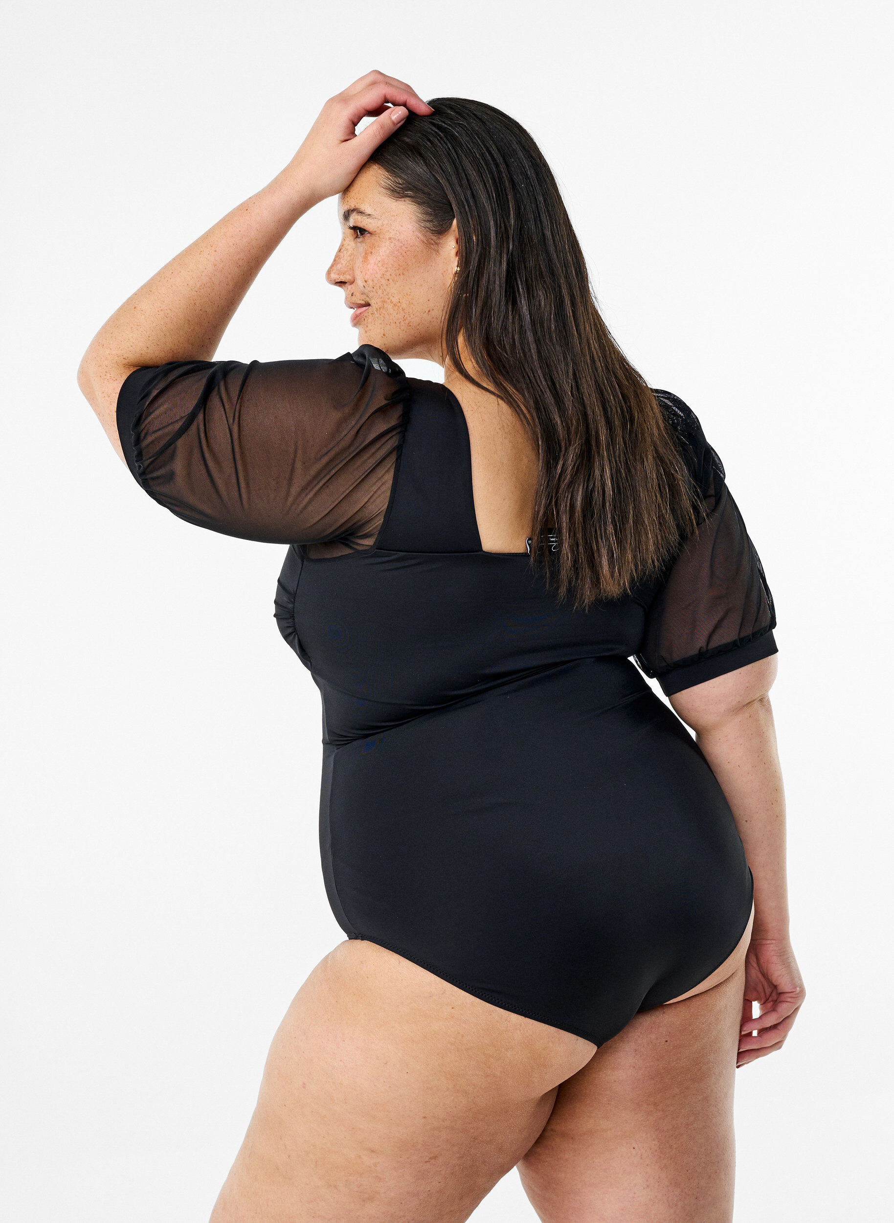 Zizzi Badedragt med korte mesh &aelig;rmer, Black, Model image number 1