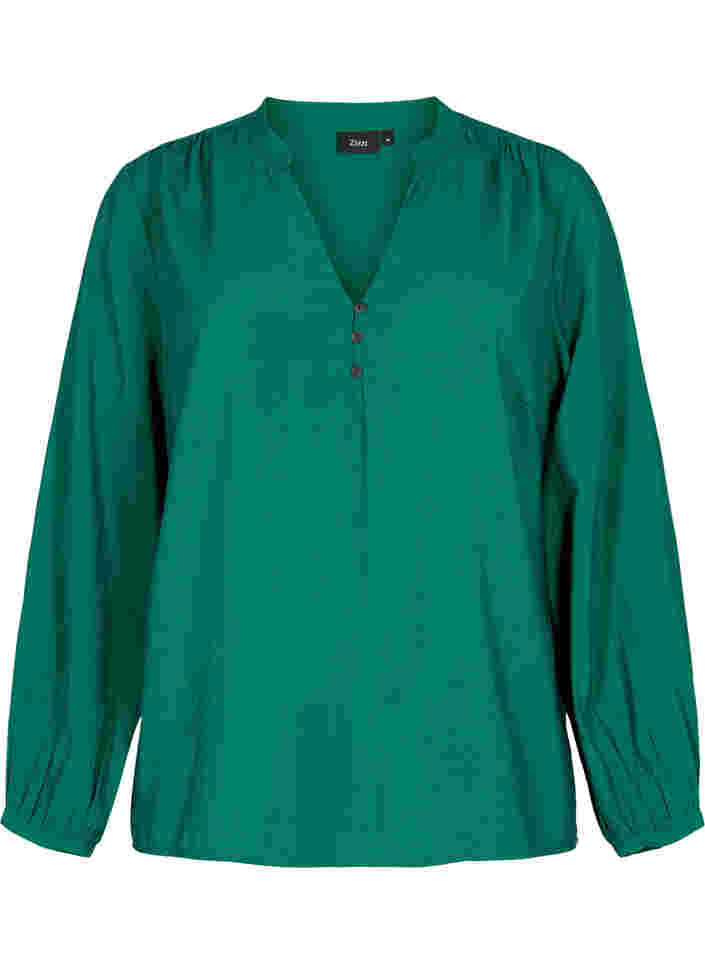 Langærmet bluse i viskosemix, Evergreen, Packshot image number 0