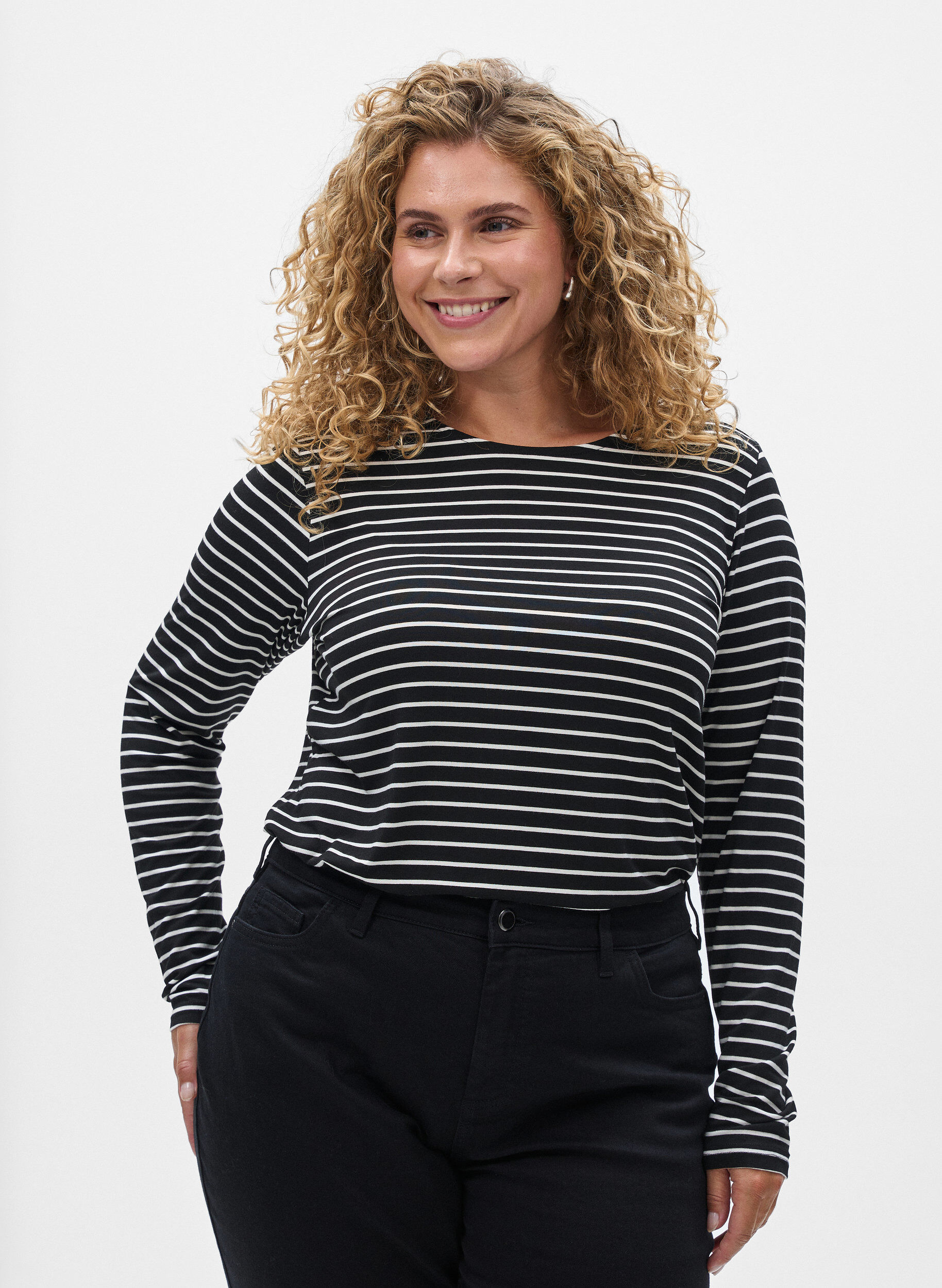 ZizziLang&aelig;rmet bluse med striber, Sort, Model image number 0