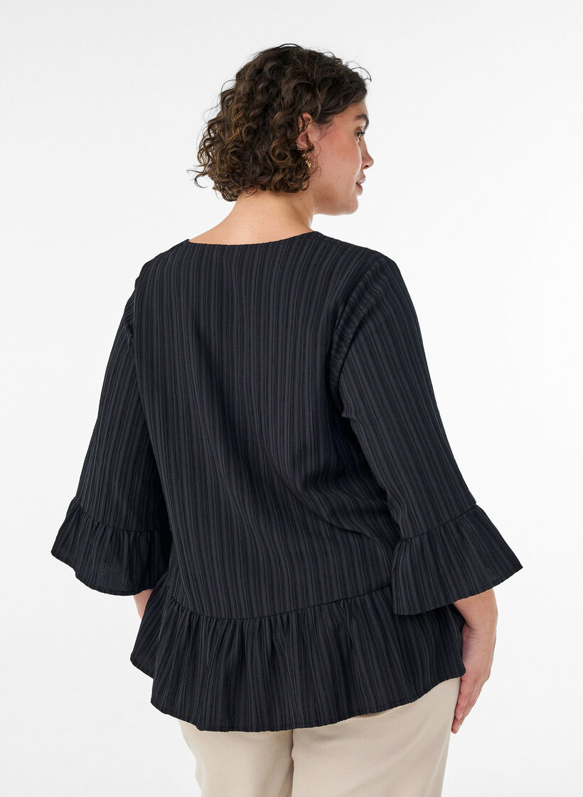 Bluse med struktur, V-hals og fl&aelig;ser, Sort, Model image number 2