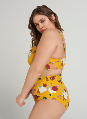 Højtaljet bikini underdel med blomsterprint, Yellow Flower Print, Model image number 0