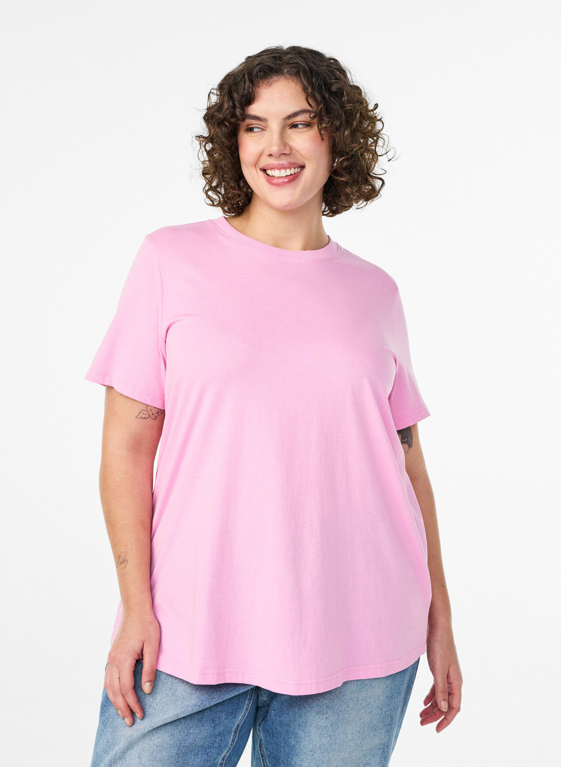 ZizziBasis t-shirt i bomuld med rund hals, Lyser&oslash;d, Model image number 0