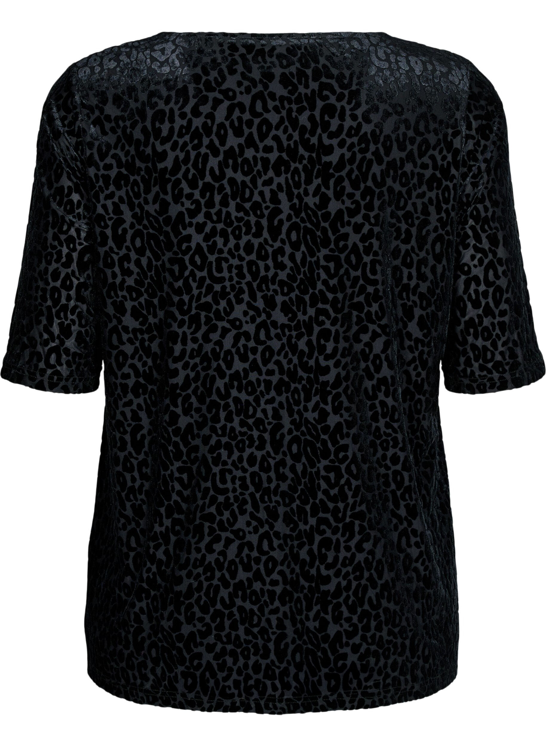 Zizzi Bluse med korte &aelig;rmer og leopardm&oslash;nster, Sort, Packshot image number 1