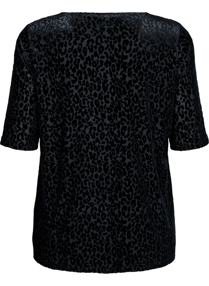 Bluse med korte ærmer og leopardmønster, Sort, Packshot image number 1