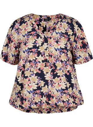 Blomstret viskose bluse med korte ærmer og smock, Night sky Flower AOP, Packshot image number 0