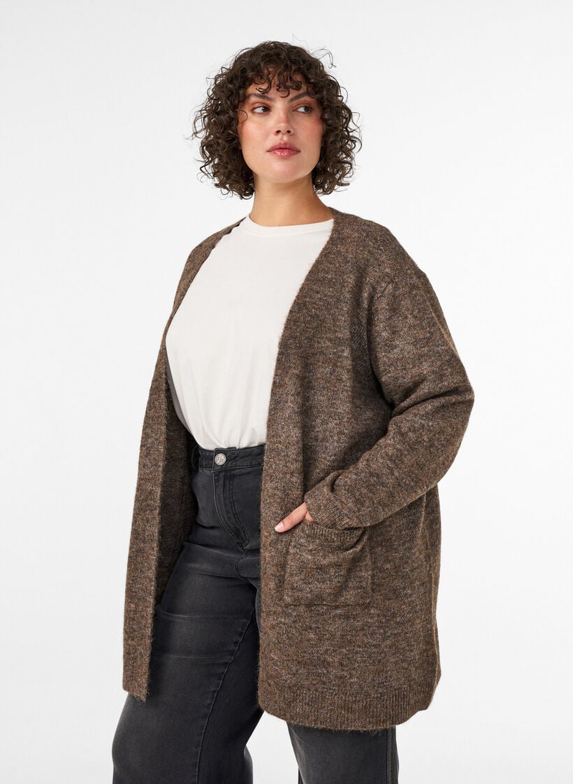 Lang cardigan med lommer, Brun, Model image number 0