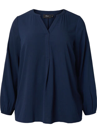 Ensfarvet bluse med v-hals, Navy Blazer, Packshot image number 0