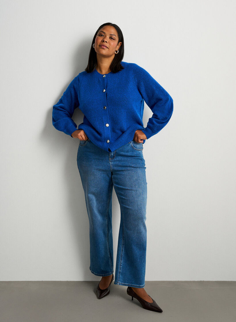 Cardigan i bl&oslash;d strik med guldfarvede knapper, Turkis, Model image number 1