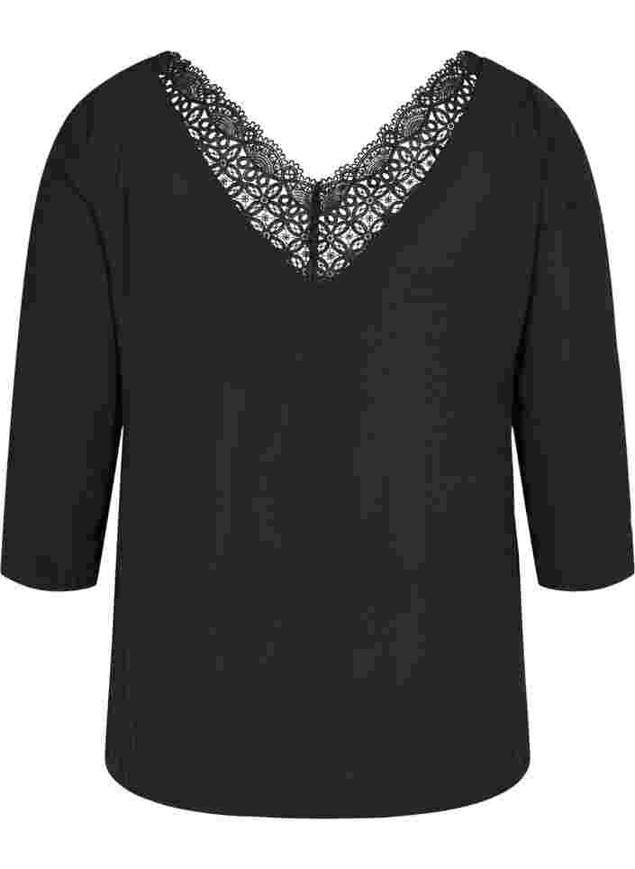 Bluse med 3/4 ærmer og blonderyg, Black, Packshot image number 1
