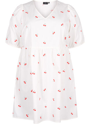 Kjole med kirsebærprint og a-shape, B. White/Cherry, Packshot image number 0