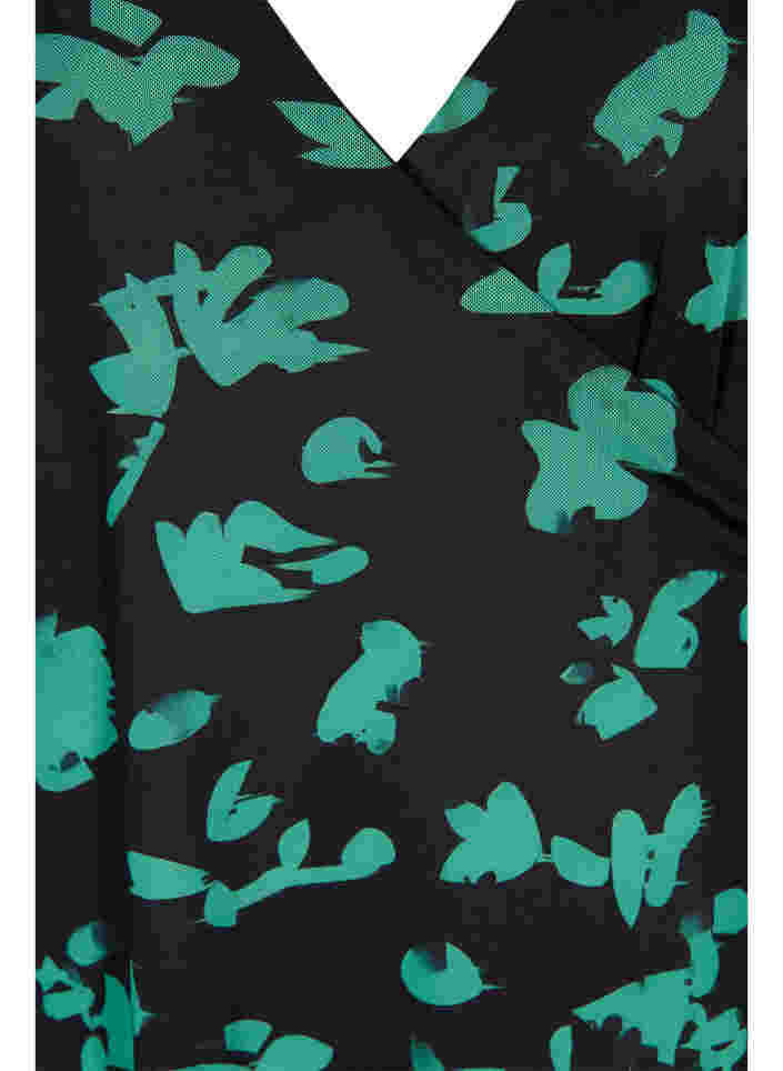 Printet wrapkjole i mesh, Black Green , Packshot image number 2