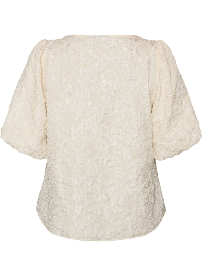 Jacquardbluse med puf&aelig;rmer og A-form, Vanilla, Packshot image number 1