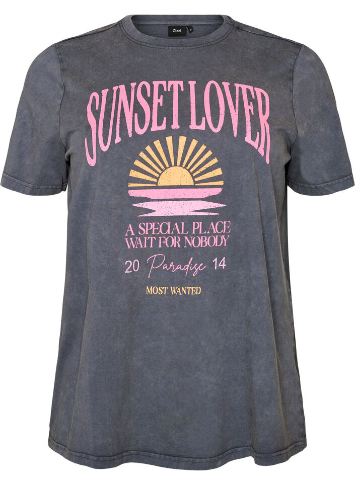 T-shirt i bomuld med frontprint og vasket look, Gr&aring;, Packshot image number 0