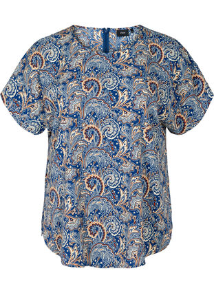 Bluse med korte ærmer, Dark Blue Paisley, Packshot image number 0