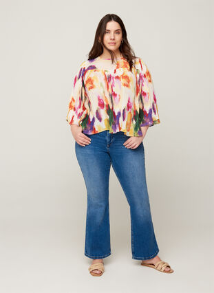 Plissé bluse med all-over print, Yellow comb AOP, Model image number 2