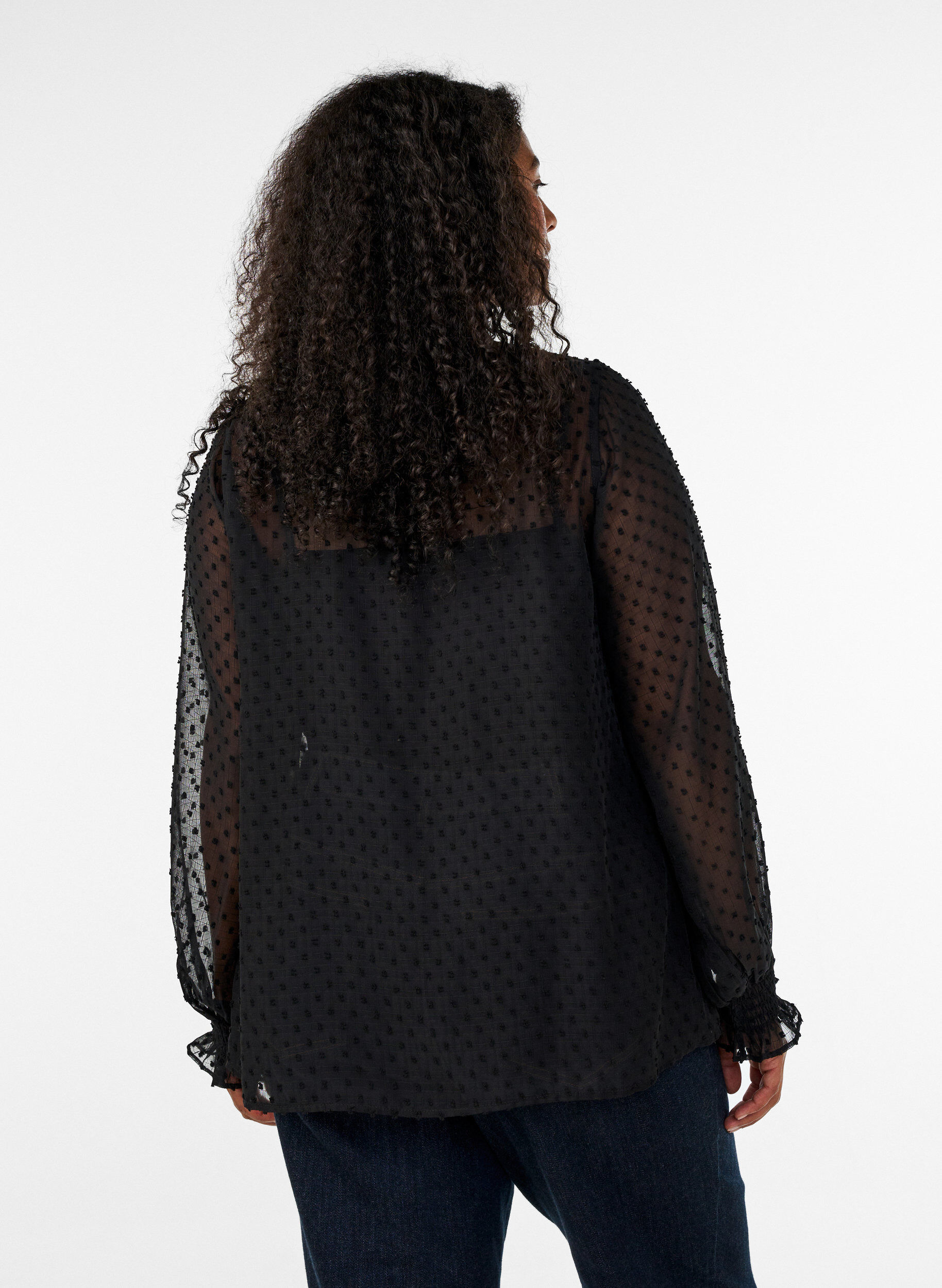 ZizziSkjortebluse med blondeindsats og dot-m&oslash;nster, Sort, Model image number 2