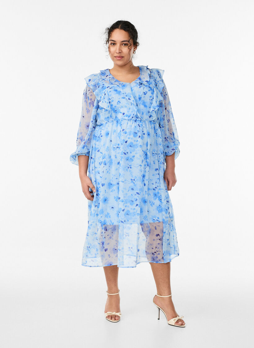 Blomstret chiffonkjole med fl&aelig;ser og lange &aelig;rmer, Bl&aring;, Model image number 0