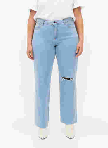 Højtaljede Gemma jeans med hul på knæet, Ex Lgt Blue, Model image number 2