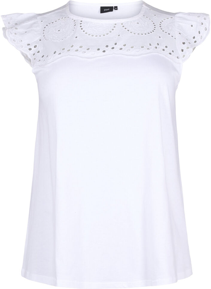 T-shirt med broderi anglaise i økologisk bomuld, Bright White, Packshot image number 0