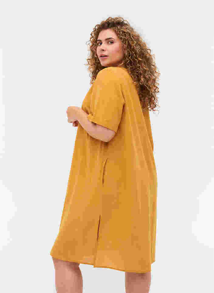 Kortærmet kjole i bomuldsmix med hør, Honey Mustard, Model image number 1