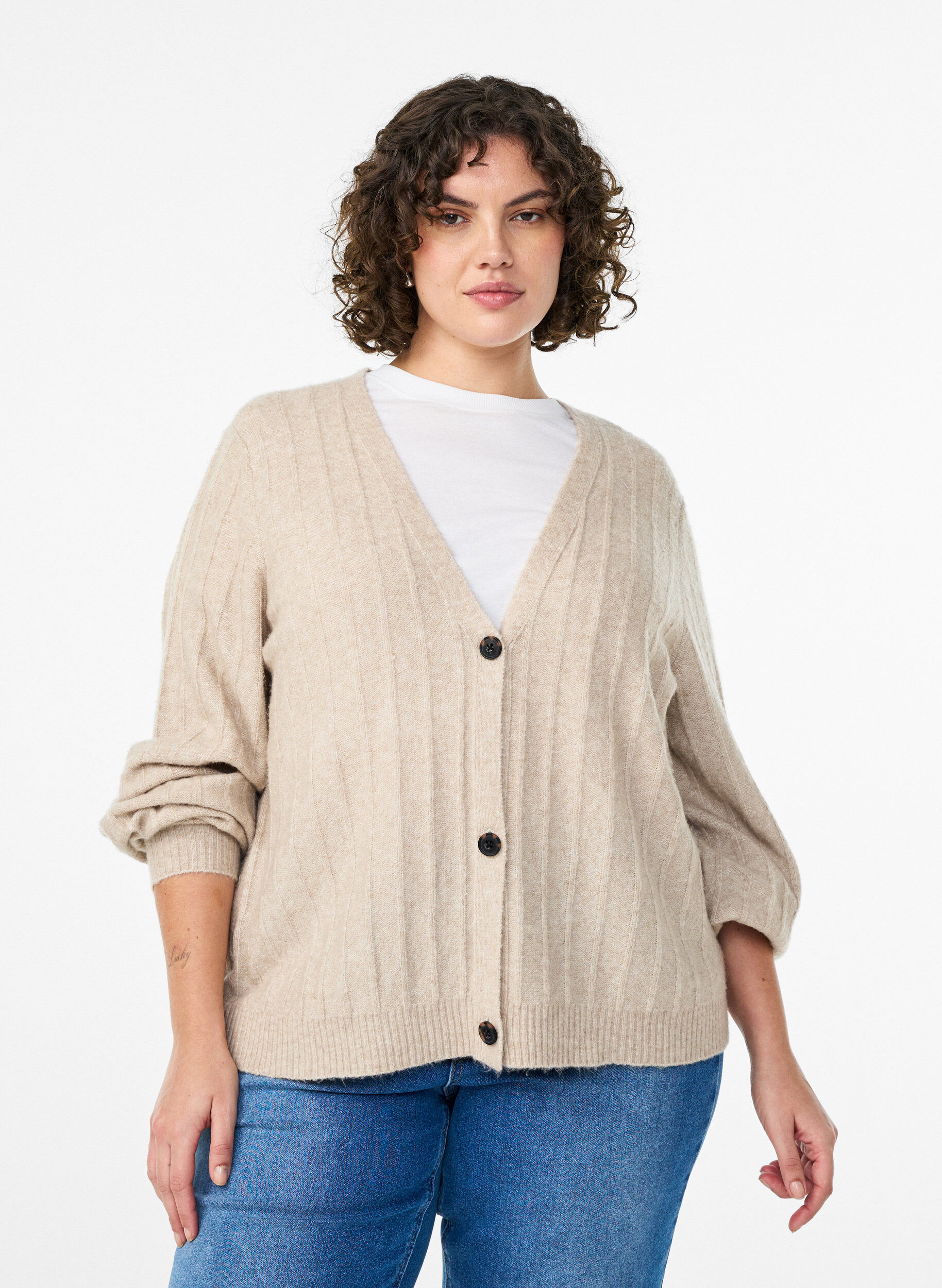 Cardigan med ribstruktur og ballon&aelig;rmer, Beige, Model