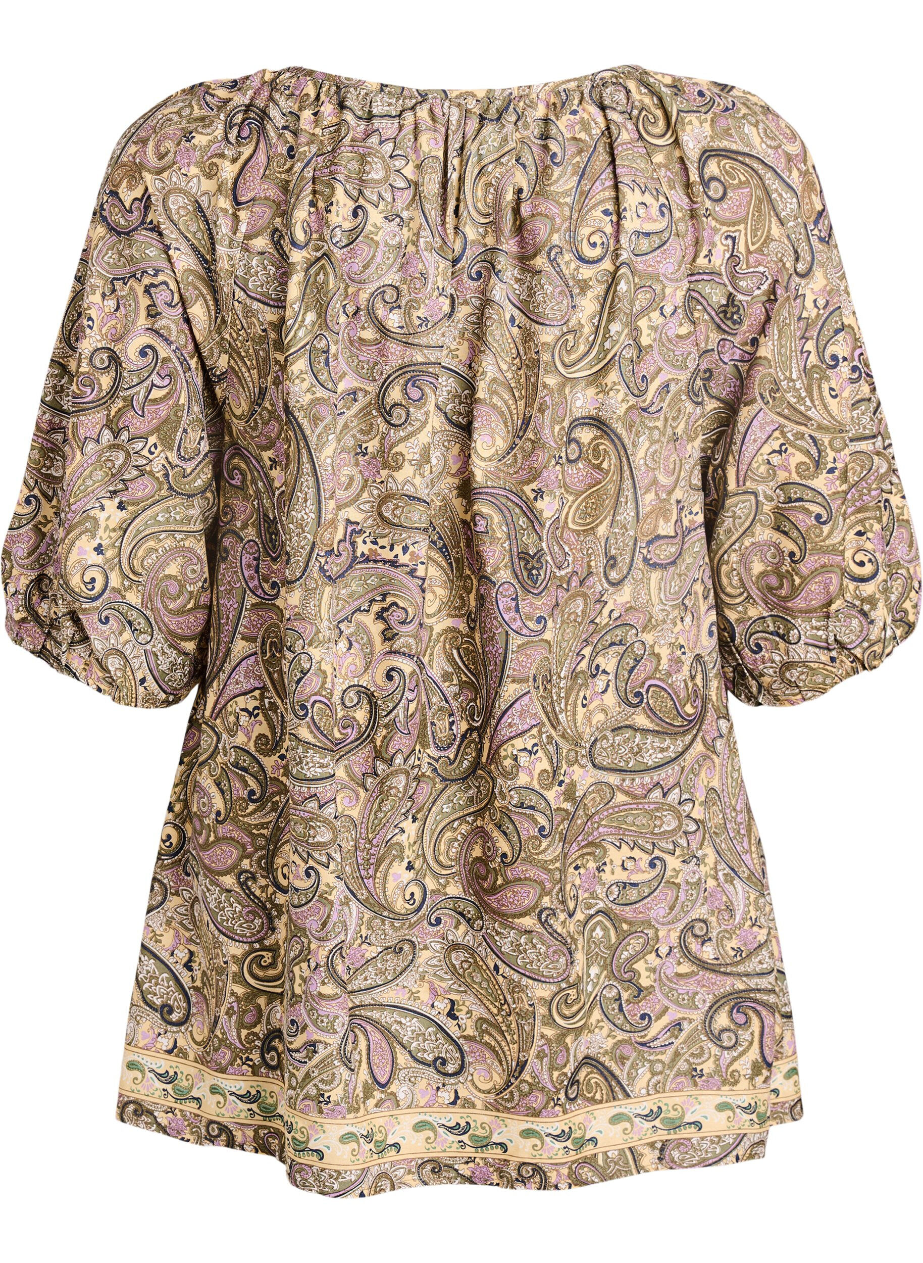 ZizziBluse i viskose med paisleyprint og bindesnor, Gul, Packshot image number 1