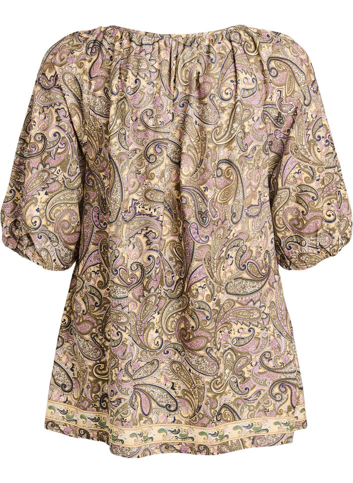 Bluse i viskose med paisleyprint og bindesnor, Gul, Packshot image number 1