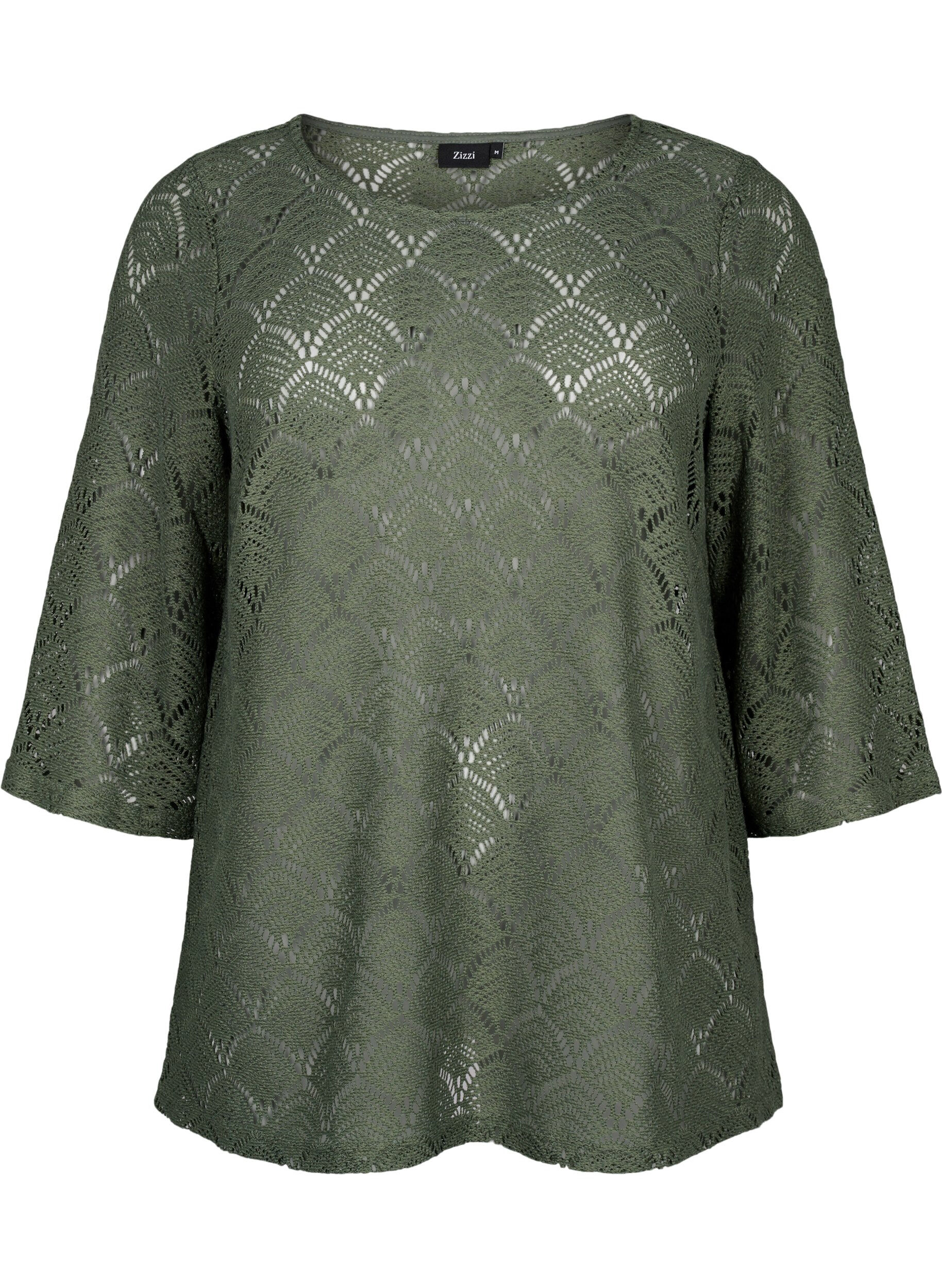 Zizzi Crochet bluse med 3/4 &aelig;rmer, Thyme, Packshot image number 0