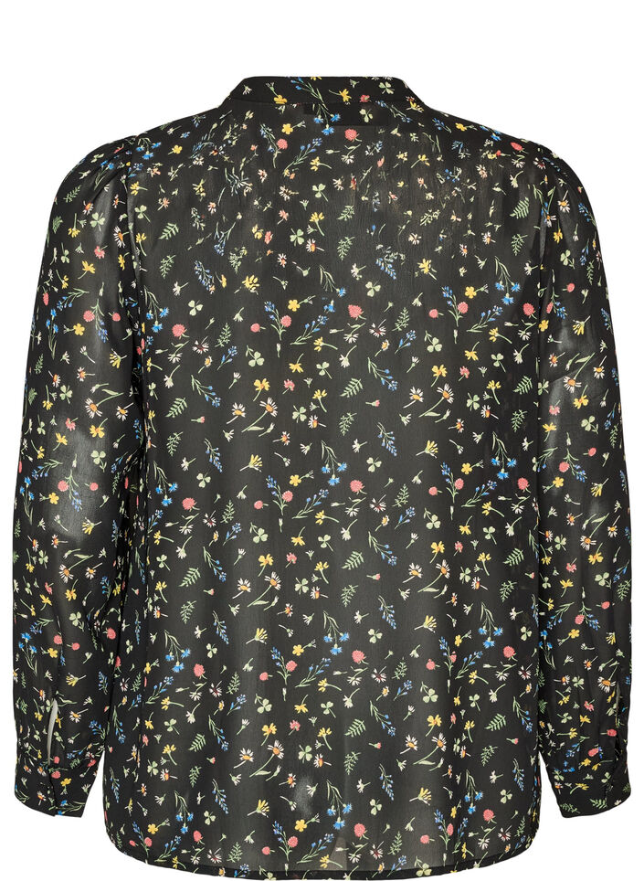 Bluse med all-over print og kort knapstolpe, Sort, Packshot image number 1