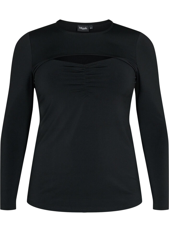 Cut-out bluse med lange ærmer, Black, Packshot image number 0