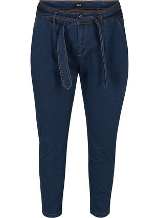 Cropped jeans med bælte, Blue denim, Packshot image number 0