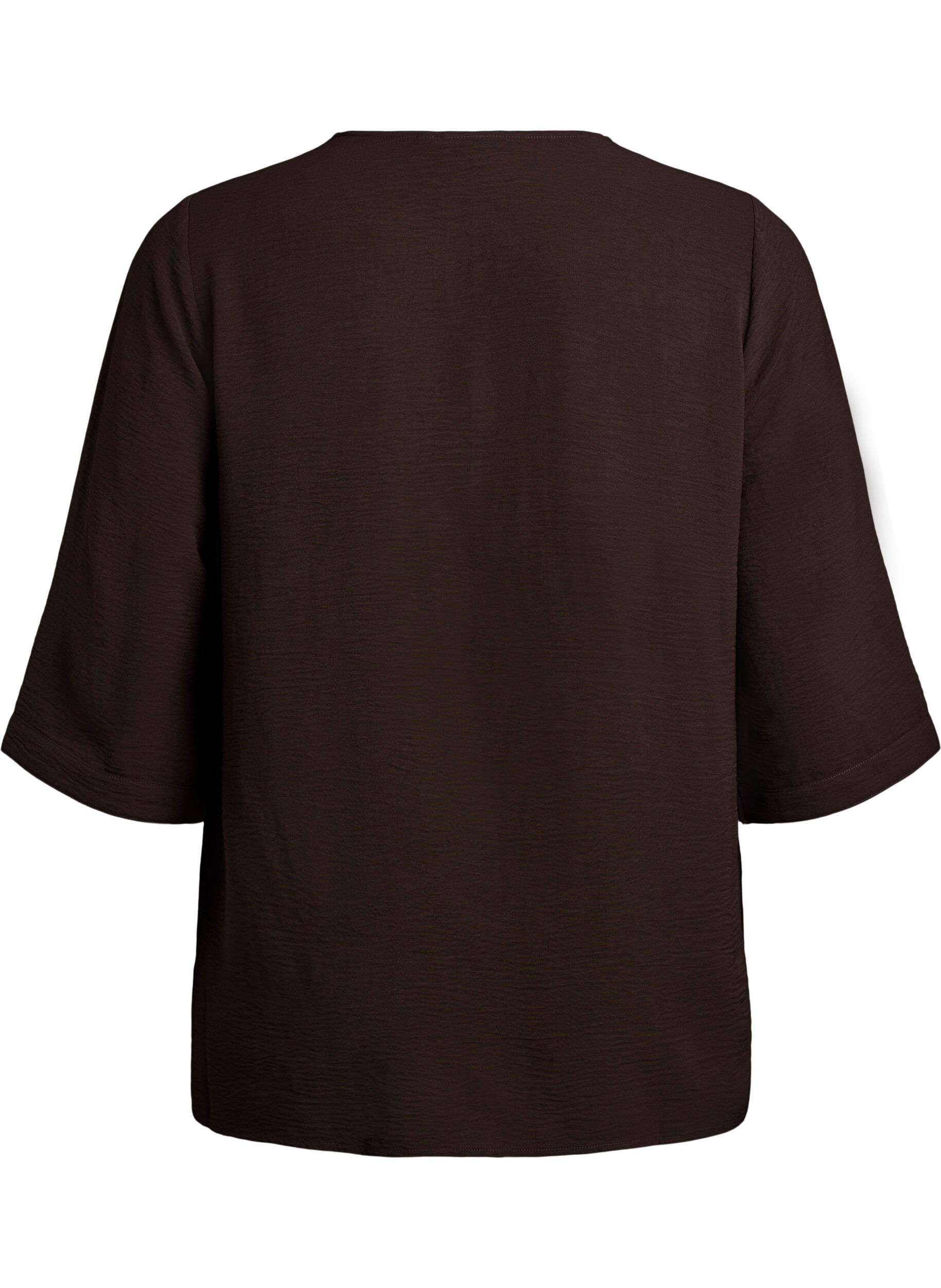 ZizziSkjortebluse med V-udsk&aelig;ring og 3/4-&aelig;rmer, Brun, Packshot image number 1