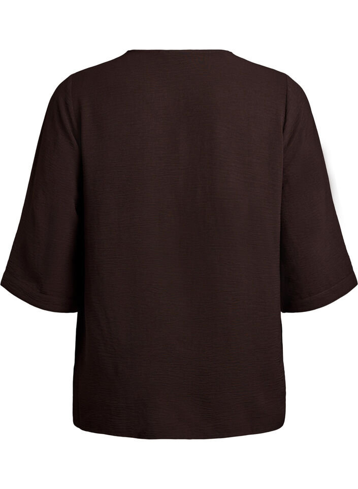 Skjortebluse med V-udsk&aelig;ring og 3/4-&aelig;rmer, Brun, Packshot image number 1