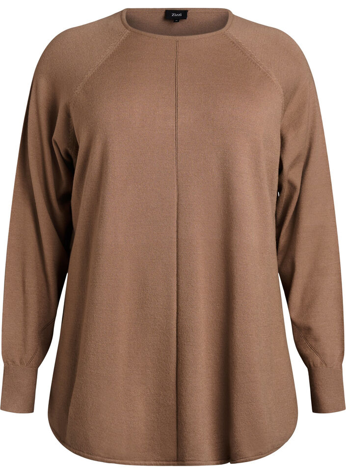 Strikbluse med rund hals og strikket m&oslash;nster, Brun, Packshot image number 0