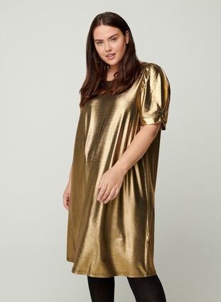 Kjole med korte pufærmer og a-form, Gold, Model image number 0