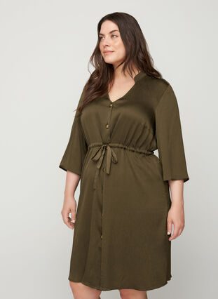Kjole med knapper og snøre i taljen, Ivy Green, Model image number 0