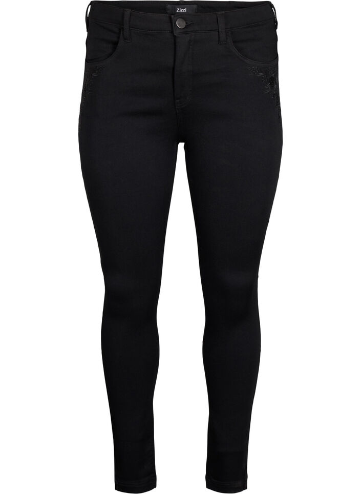 Super slim Amy jeans med broderidetalje, Black, Packshot image number 0
