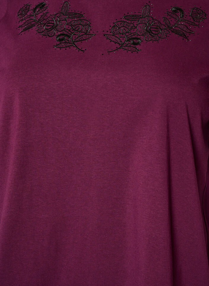 T-shirt med blomsterbroderi og rhinsten, Lilla, Packshot image number 2