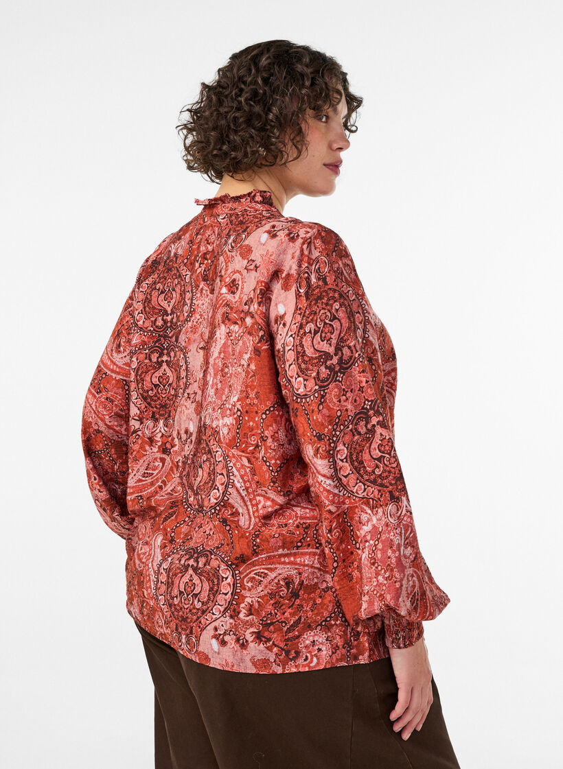 Bluse i viskose med paisleyprint og fl&aelig;ser, Orange, Model image number 2