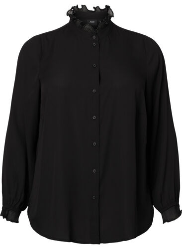 Skjortebluse med flæsedetaljer, Black, Packshot image number 0