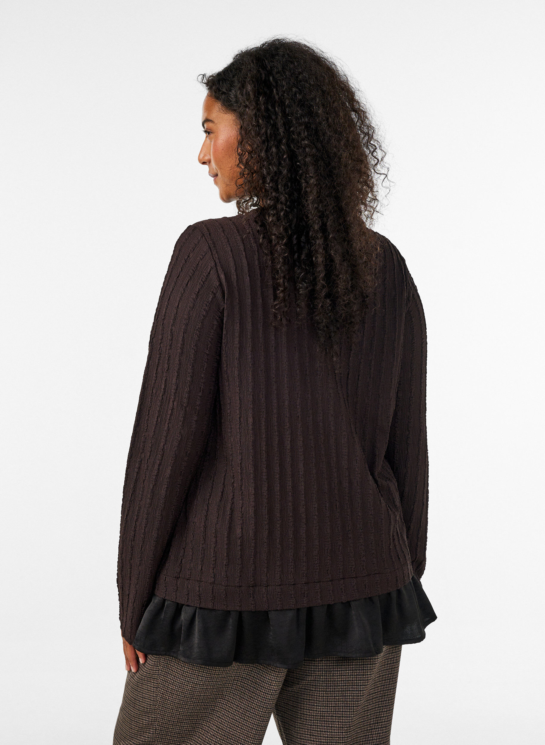 ZizziStruktureret bluse med fl&aelig;sekant, Brun, Model image number 2