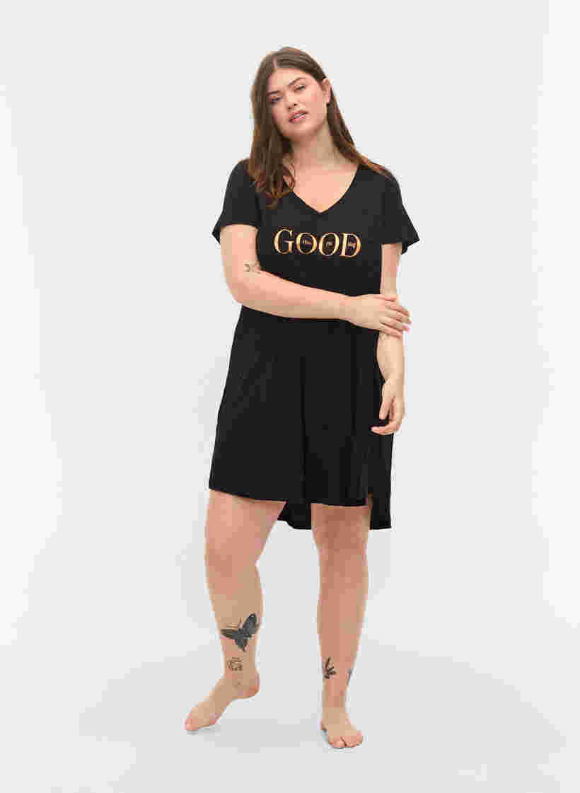 Kortærmet bomulds natkjole med print, Black GOOD, Model image number 2