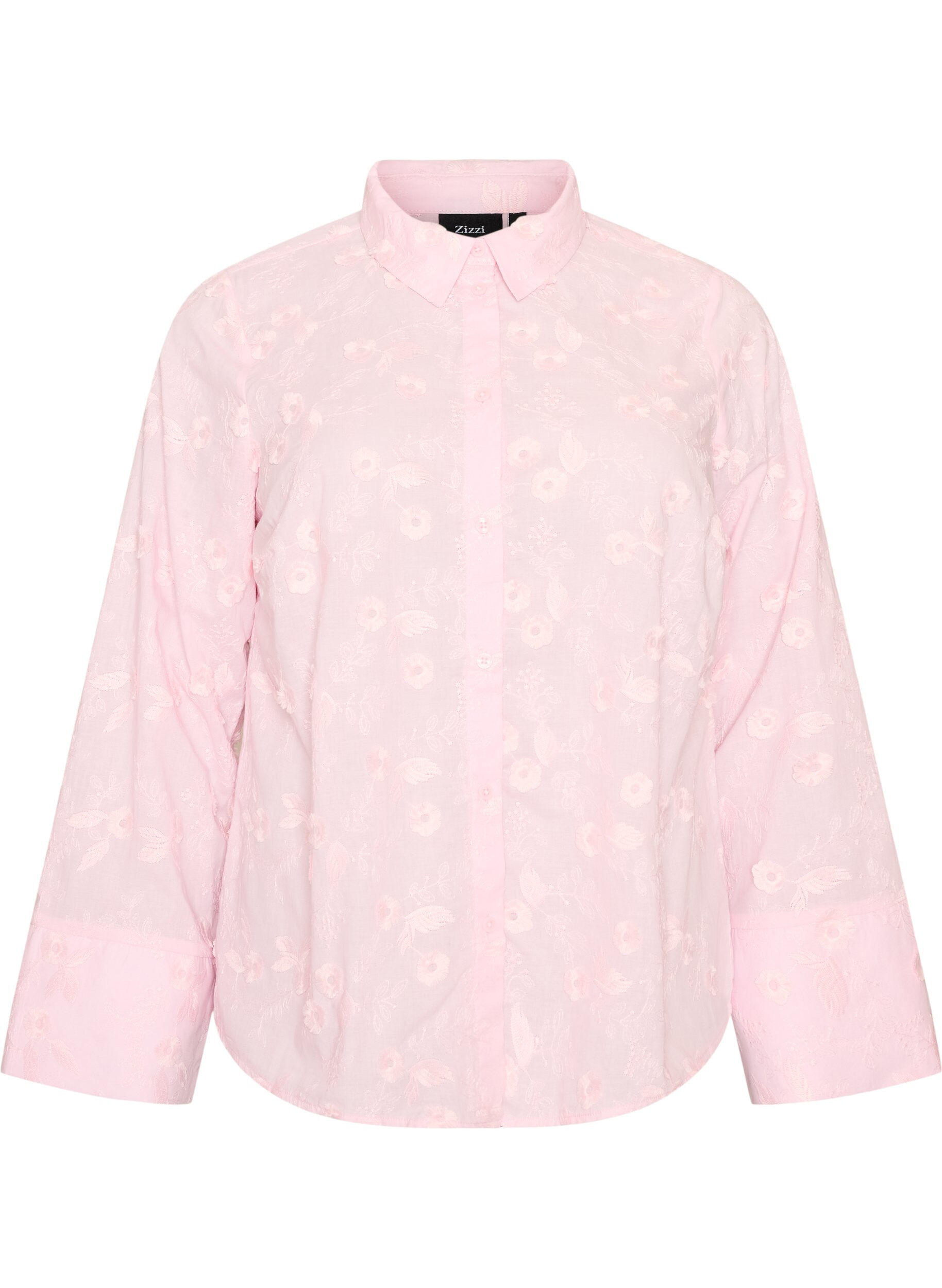 ZizziSkjorte med blomsterbroderi og brede &aelig;rmer, Lyser&oslash;d, Packshot image number 0