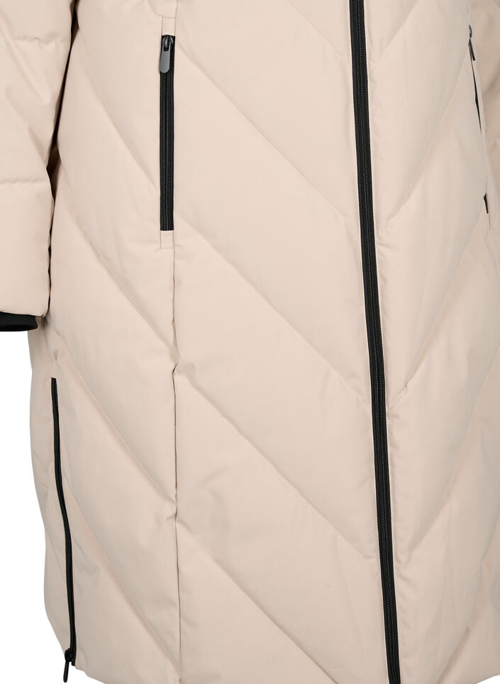 Lang vinterjakke med h&aelig;tte og imiteret pelskrave, Beige, Packshot image number 3