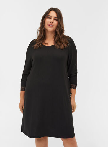 Kjole med lange ærmer og blonder, Black , Model image number 0
