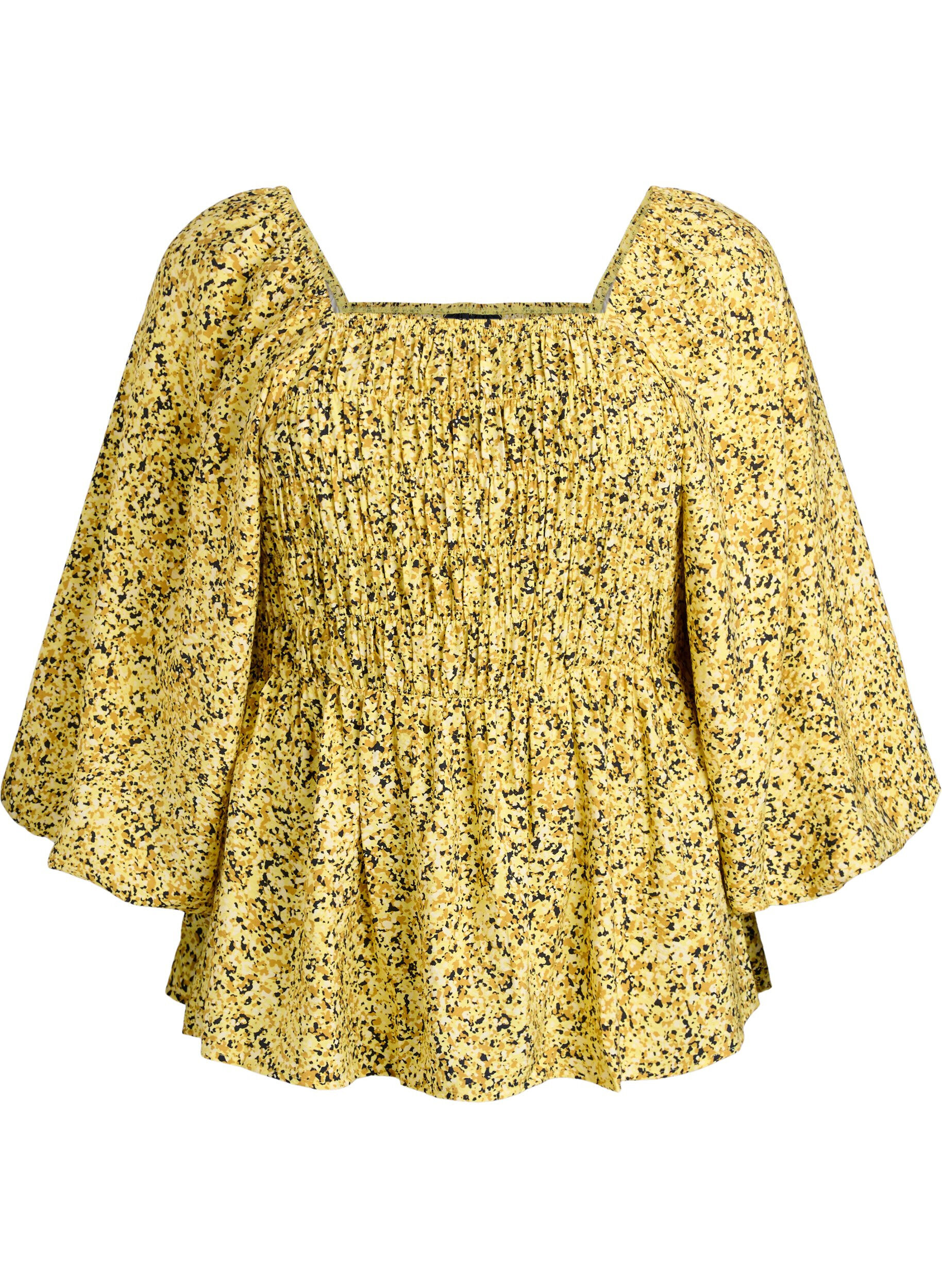 Bluse med smock og firkantet halsudsk&aelig;ring