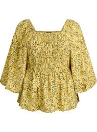 Bluse med smock og firkantet halsudsk&aelig;ring, Gul