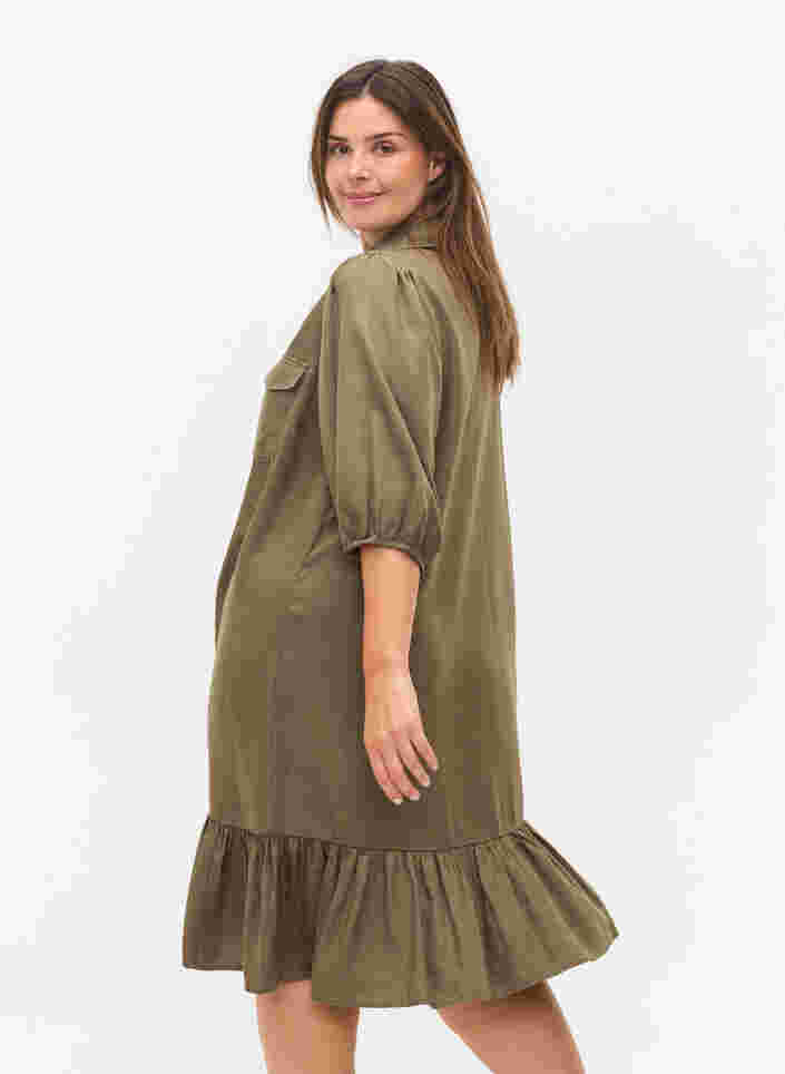 Kjole med flæsekant og 3/4 ærmer, Dusty Olive, Model image number 1