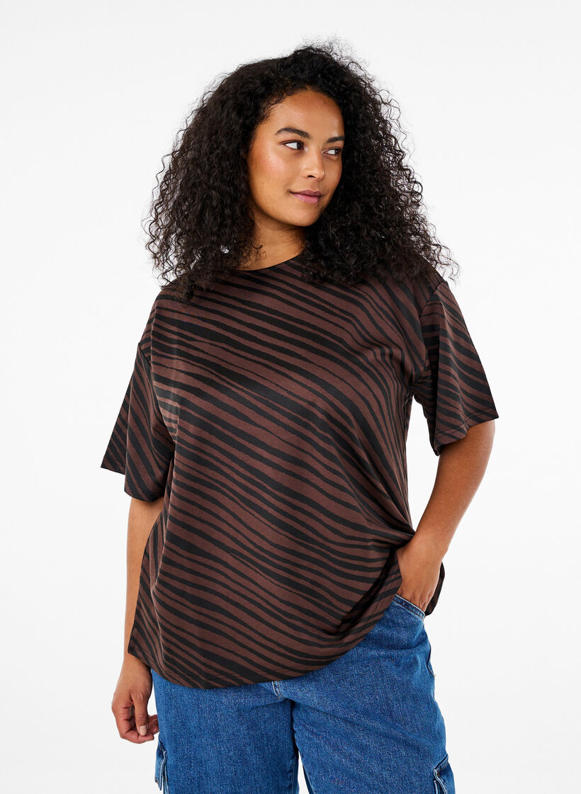 Oversize bluse med mønster, Brun, Model image number 0